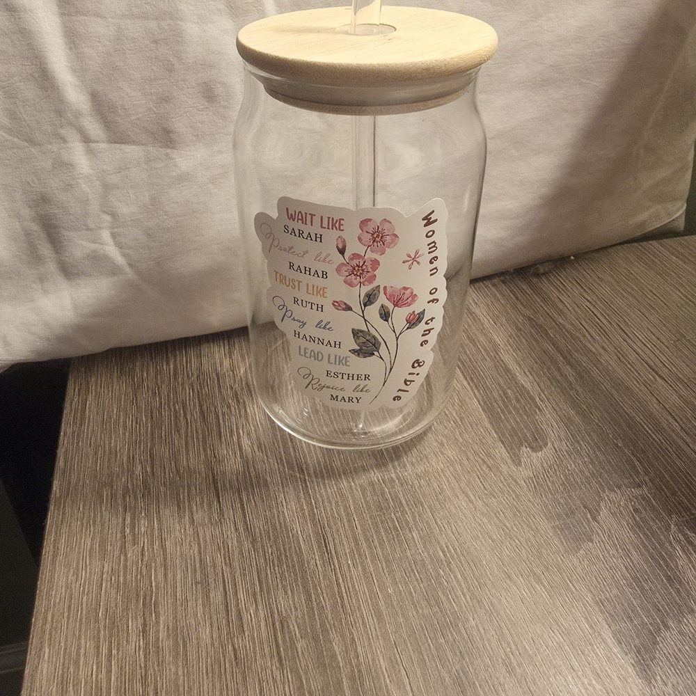 Floral 'Women of the Bible' Glass Tumbler with Straw - Pink Accents - Picture 3 of 10